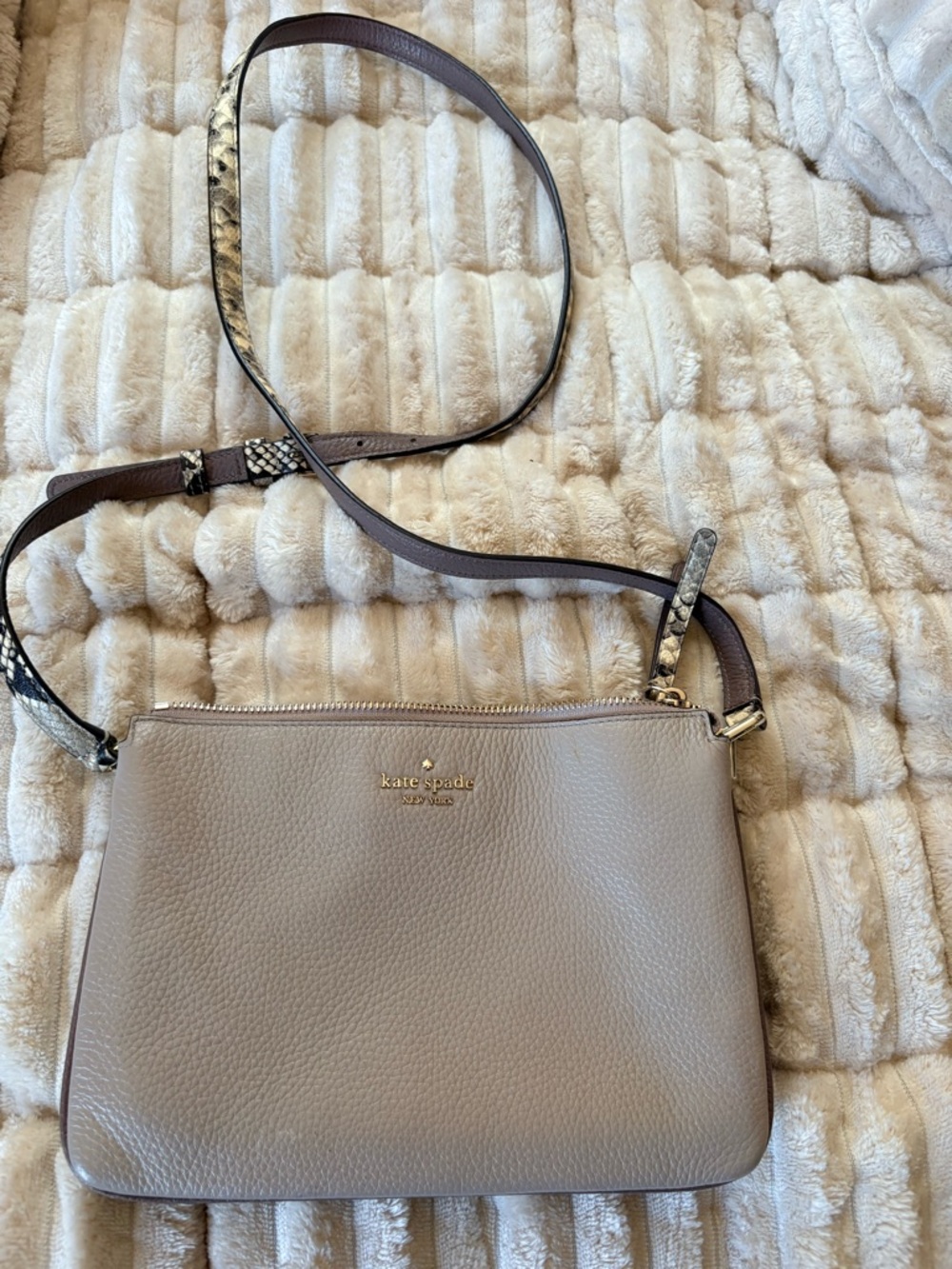 kate spade Pebbled Leather Crossbody in Taupe with Snake-Print Strap Accents